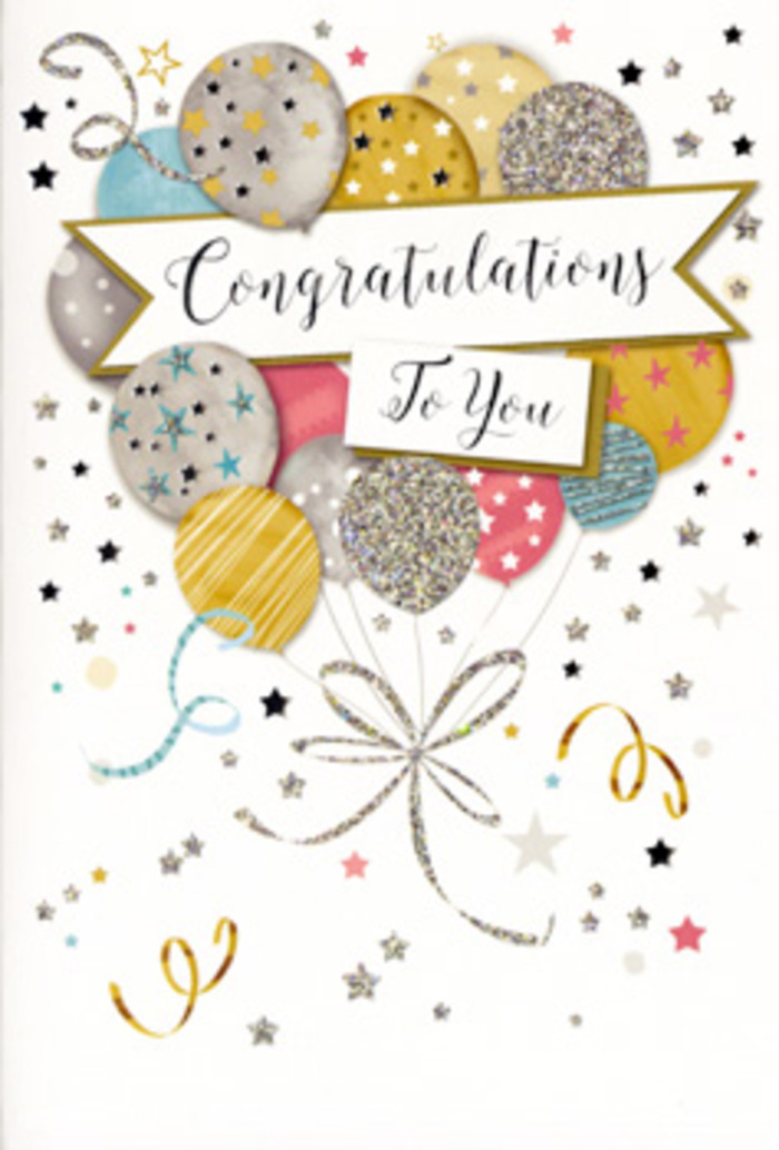 The image shows an elegant congratulations card styled like a quiet yet confident celebration, similar to the feel of an intimate gathering in a favourite Haringey café after good news. Dominating the composition is a lush cluster of balloons in soft, harmonious tones: brushed gold, polished silver, warm champagne, sky blue, blush pink, and a dove grey that adds balance. Each balloon carries intricate detailing-some with tiny scattered stars, others with slender metallic stripes, and several with a fine dusting of glitter-which makes them appear to sparkle as though touched by late-afternoon light over Finsbury Park. The balloons overlap gently, creating depth and the impression that they are rising together, buoyed by shared pride and happiness. From their bases, swirling ribbons in gold and silver cascade down in graceful curves, visually tying the arrangement into one cohesive celebration. Around them, miniature stars, curling streamers, and flecks of confetti dance across a soft, neutral background, adding movement and a festive rhythm that recalls confetti tossed in the air after a graduation ceremony or promotion celebration in Wood Green. Across the centre, a refined banner unfurls, bearing a beautifully scripted Congratulations message that feels both polished and heartfelt. The printing suggests a mix of glossy and glitter finishes, giving the card a lightly textured, tactile charm. As a local florist crafting gifts for milestones across Haringey, I see this card as a stylish companion to a bouquet-perfect for marking achievements, new jobs, exam results, or any occasion where you want your congratulations to feel as uplifting and considered as a hand-tied arrangement.