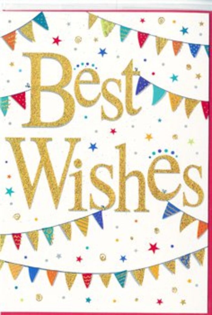 This Best Wishes card carries the atmosphere of a joyful street celebration distilled onto a single, beautifully designed page, much like the spirited gatherings you might see around Haringey's parks in summertime. Against a crisp, uncluttered white background, the central focus is the greeting itself: Best Wishes, written in generous, looping golden script that shimmers as though lightly dusted with glitter. The lettering looks slightly raised, catching the light and inviting a fingertip to trace each curve, adding a subtle sense of luxury without feeling overdone. Framing this message, strings of colourful bunting sweep in gentle arcs from one side of the card to the other, like festive lines of flags hung between lampposts along a residential street in Muswell Hill. Each triangular flag is distinct, decorated in bright jewel-like shades with tiny patterns-cheerful polka dots, fine stripes, and mosaic-inspired shapes-giving the impression of careful, handcrafted detail. Dotted throughout the design, small starbursts and circular confetti shapes float freely, capturing the moment when someone throws confetti into the air at a party or graduation gathering. The composition is airy yet exuberant, allowing the white background to breathe while the colour and gold bring warmth and excitement. It feels perfect for marking big life milestones-a new job, a move to a first flat near Turnpike Lane, exam success, or the beginning of a new venture-while remaining gentle enough for quieter achievements. As a florist in Haringey might describe it, this is the kind of card that pairs effortlessly with a bright celebratory bouquet, carrying sincere happiness and good fortune in every carefully crafted detail.
