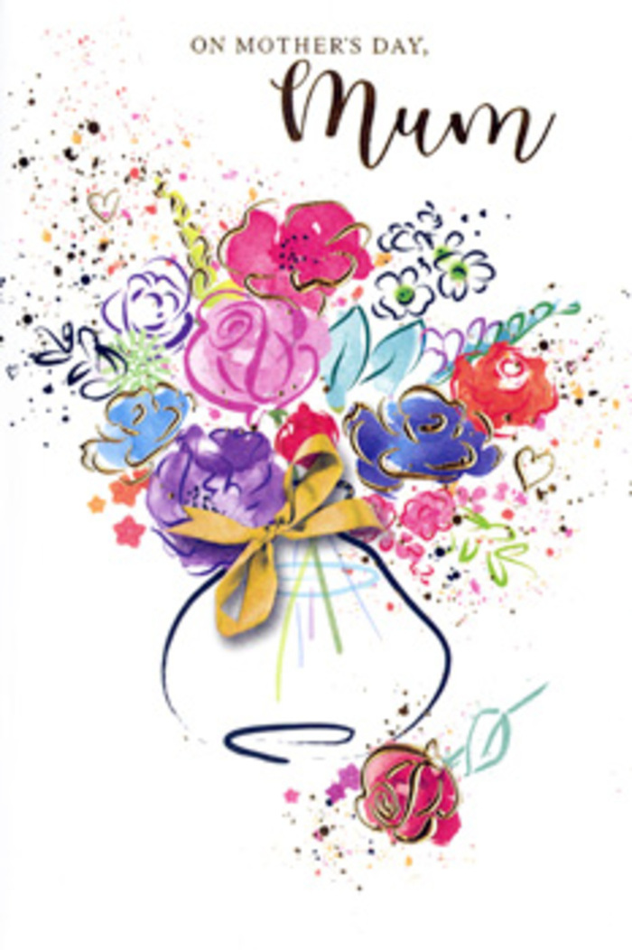 Artful Mother's Day card design showing a vivid, painterly bouquet in watercolour, created with the same care and instinct a local Haringey florist would use when selecting stems for a meaningful gift. The flowers rise from a softly hinted vase, its rounded shape sketched in pale blues and greys, with a fine golden bow at the neck suggesting ribbon lightly crinkling beneath the fingers. From this base, blossoms of bright cerise and luscious magenta emerge, their forms outlined in confident indigo strokes that give definition without losing the fluid charm of watercolour. Around them, looser petals in dusty pink, violet, and touches of apricot curve outward in gentle arcs, blending into each other as if caught in a breeze sweeping over Alexandra Park. Delicate lines of gold trace along edges of petals and foliage, catching the light like stray sunbeams filtering through a café window on Green Lanes. At the edges of the illustration, airy splatters of paint and small heart shapes soften the composition, like confetti scattered after a family celebration. The background remains a clean, luminous white, making each hue appear more vibrant and allowing the bouquet to feel as though it is floating slightly above the card. This image carries a warm, uplifting mood, echoing the gratitude and tender pride often present on Mother's Day, whether the card is handed over at a Sunday lunch in Muswell Hill or tucked beside a fresh flower delivery from Flower Delivery Haringey. It is a gentle, visual promise of affection, captured in layered colour and graceful strokes.