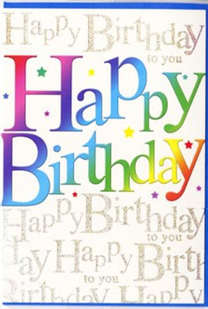 In this image, the birthday card feels like a little burst of celebration, carefully designed to be both lively and refined, much like a thoughtfully arranged bouquet heading out for delivery across Haringey. The phrase Happy Birthday dominates the front in large, flowing letters that arc gently across the card, each one bathed in a seamless rainbow gradient. Starting with a rich, almost candied red at one end, the colours glide smoothly through warm coral, zesty orange, leafy green, deep turquoise, cobalt, and into a radiant lemon yellow, echoing the cheerful mix of colours you might see on the stalls along Wood Green High Road. The lettering looks plush and gently shaded, suggesting a satiny, semi-gloss finish that picks up natural light and gives the whole card a soft glow. Behind this colourful title lies a sophisticated background, not flat or plain, but filled with rows of finely printed gold script that endlessly repeat the line Happy Birthday to you. The handwriting has a classic, looping style, reminiscent of an old-fashioned greeting penned with care, creating a quiet, intimate contrast to the bold statement in front. The gold ink shimmers subtly, like sunlight filtering through tree branches in Priory Park, with handiwork that suggests this card was created with real attention to detail. Tiny dots and sprinkles of glitter appear here and there, never gaudy, but like hints of party confetti that have settled on a white tablecloth after guests have gone home. The overall effect is optimistic and generous, conveying not just a message but a whole mood of celebration. As someone used to recommending cards to accompany bright birthday arrangements, I can imagine this design nestled beside a vase of mixed seasonal blooms, making a loved one in Haringey feel genuinely cherished on their special day.