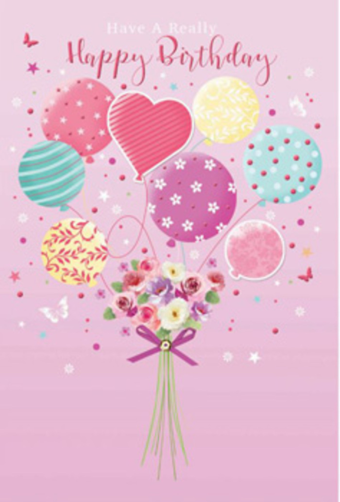 A tender birthday scene unfolds on a soft blush background, where balloons and blooms appear to drift gently upward, as if lifted by a breeze rolling in from Alexandra Park. The design centres on a floating bouquet of balloons in pastel hues-powder pink, seafoam green, lemon yellow, lilac, and warm peach-each rendered with a satin-like sheen. Delicate patterns give every balloon its own story: some are wrapped in swirling ribbons, others dotted with playful polka spots, while a heart-shaped balloon radiates at the centre like a symbol of birthday love. Tied beneath this airy cluster is a hand-tied posey of flowers, their stems bundled neatly and finished with a sparkling purple bow that curves in a graceful flourish. The bouquet is filled with miniature roses and soft, daisy-style blossoms, their petals shaded from creamy white to blush and dusty mauve, as if they've been brushed with the first light of morning. The flowers look freshly picked, the kind of garden-soft texture you might see in a bouquet prepared by a Haringey florist before it goes out for local birthday delivery. Around the main composition, tiny twinkling stars and light, fluttering butterflies add movement and magic, creating the impression of a joyful daydream or an outdoor party paused in mid-celebration. The gentle glow across the image suggests natural daylight reflecting from petal and balloon alike, enveloping the scene in warmth. Altogether, this illustration turns a birthday greeting into a floating garden of colour and sentiment, perfectly suited to celebrate someone cherished in Haringey.