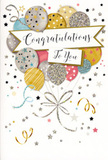 This congratulations card is portrayed like a soft burst of celebration floating above a quiet background, the way a special moment can brighten a whole day in Haringey. At its core, a generous bouquet of illustrated balloons rises upward, overlapping in gentle layers of gold, silver, champagne, misty blue, blush pink, and soft grey. Each balloon is distinct, adorned with tiny metallic stars, shimmering glitter, or subtle stripes, giving them a luminous quality, as if they were reflecting evening light over Alexandra Palace. Slim, curling ribbons in tones of gold and silver stream down from the balloons, loosely gathered so they appear to dance in an invisible breeze. All around, scattered stars, looping ribbons, and delicate confetti shapes drift across a pale, almost glowing background, reinforcing the feeling of a surprise party just as the well done is spoken. Across the middle, a graceful banner stretches out, bearing the words Congratulations To You in fluid, elegant calligraphy that feels personal and sincere. The artwork suggests a slightly raised, glossy and glittered finish that would feel textured under your fingertips, like the finishing touches on a carefully wrapped bouquet. The overall mood is joyful yet tasteful, ideal for celebrating exam success, promotions, new homes, or any milestone you might mark with fresh flowers delivered across Haringey. It's the kind of card a local florist would tuck into an arrangement to capture that moment when pride, relief, and happiness all blossom at once.