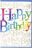 The photograph focuses on a jubilant birthday card that seems to radiate joy the moment you picture it, perfectly suited to accompany a fresh bouquet arriving at a doorstep in Haringey. Dominating the design, the words Happy Birthday run boldly across the centre in wide, friendly letters, each letter flowing into the next with a smooth, painterly gradient. The colours travel from a deep cherry red through vibrant orange and warm golden tones into lush greens and cool blues, before softening into a bright, optimistic yellow, reminiscent of the varied hues in a spring arrangement headed out from a local florist. This rainbow lettering appears slightly raised, with gentle shading that suggests a satiny, almost velvety finish, catching light the way petals do when placed on a sunny windowsill in Muswell Hill. Behind the headline words, the card's background is adorned with fine lines of repeating golden script that read Happy Birthday to you, arranged in neat, horizontal bands. The script itself is slender and looping, like a personal note from a close friend, and the metallic ink gives off a restrained shimmer, more like a quiet sparkle than a glittery flash. Tiny sparkling flecks scattered throughout enhance the feeling of confetti in mid-air, yet the design remains elegant and uncluttered. The creamy backdrop adds warmth and depth, making the colours pop without feeling harsh. Altogether, the card conveys a sense of thoughtfulness and cheer, the kind of greeting you might choose to sit alongside a vase of colourful roses and gerberas, ready for delivery to a birthday celebration anywhere in Haringey, from peaceful residential streets to lively local cafés.