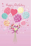 This illustrated birthday card captures the feeling of light-hearted celebration, with balloons and flowers rising together like a pastel cloud over Haringey's rooftops. The background is a soft, rosy pink wash, calm and inviting, against which a cluster of balloons appears to float weightlessly. Each balloon glows in a gentle shade-blush pink, mint green, lemon yellow, lavender, and pale coral-and is embellished with its own festive pattern, from candy-like stripes to scattered polka dots. At the centre, a heart-shaped balloon adds a clear note of affection, suggesting this is a greeting meant for someone especially dear. Below the balloons, a dainty hand-tied bouquet grounds the scene. The flowers are petite roses and anemone-like blossoms in cream, blush, and muted mauve, their soft, layered petals giving a sense of fresh, velvety texture, as if they've just been arranged by a local florist near Green Lanes. A violet satin bow wraps around the gathered stems, its sheen catching the same imaginary light that glints off the balloon surfaces. Sprinkled throughout the composition are tiny stars and fluttering butterflies, like the playful details you might notice at a birthday picnic in one of Haringey's parks. The overall mood is airy and joyful-elegant without being formal, whimsical without losing its tenderness. It feels like a moment of celebration captured at just the right second, when the balloons tug gently upward and the flowers are at their freshest, ready to carry birthday wishes across Haringey with soft colour and quiet charm.